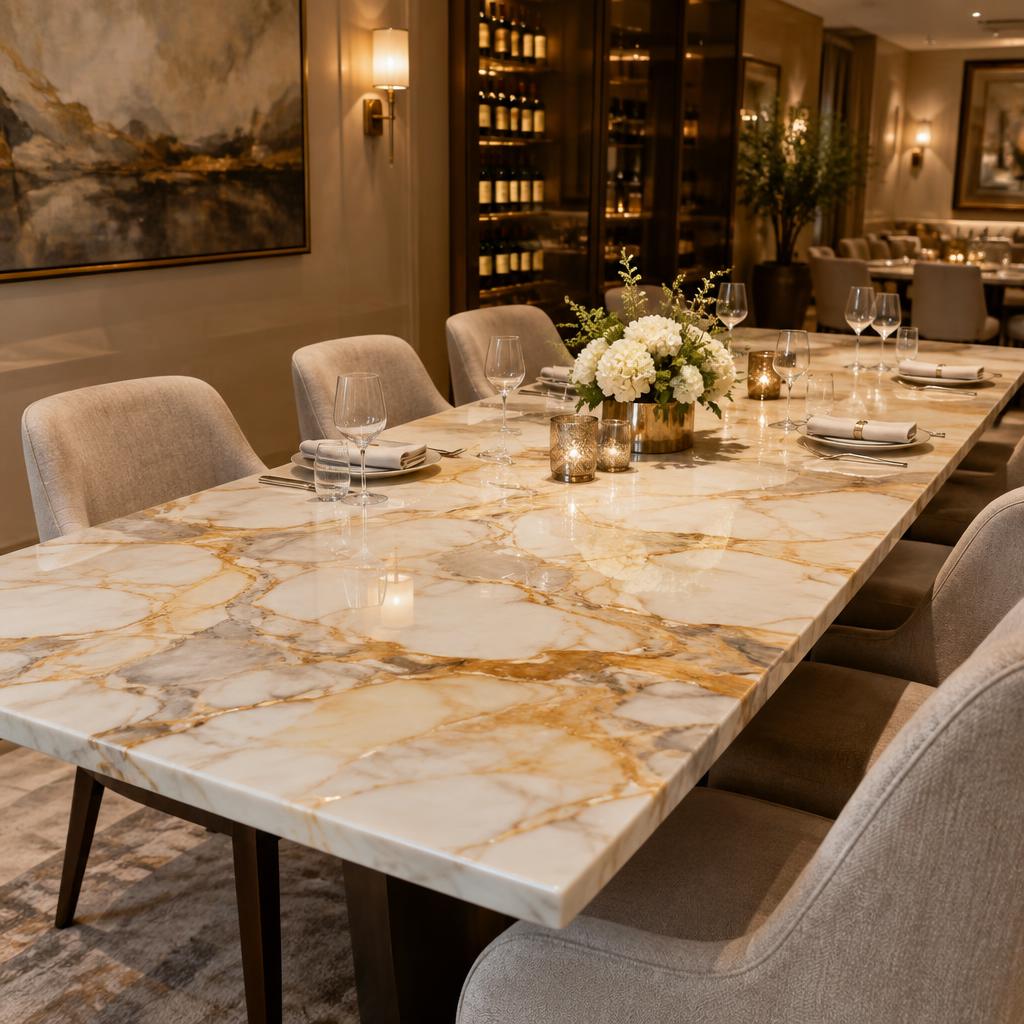 Large rectangular quartz dining top in a calacatta gold look