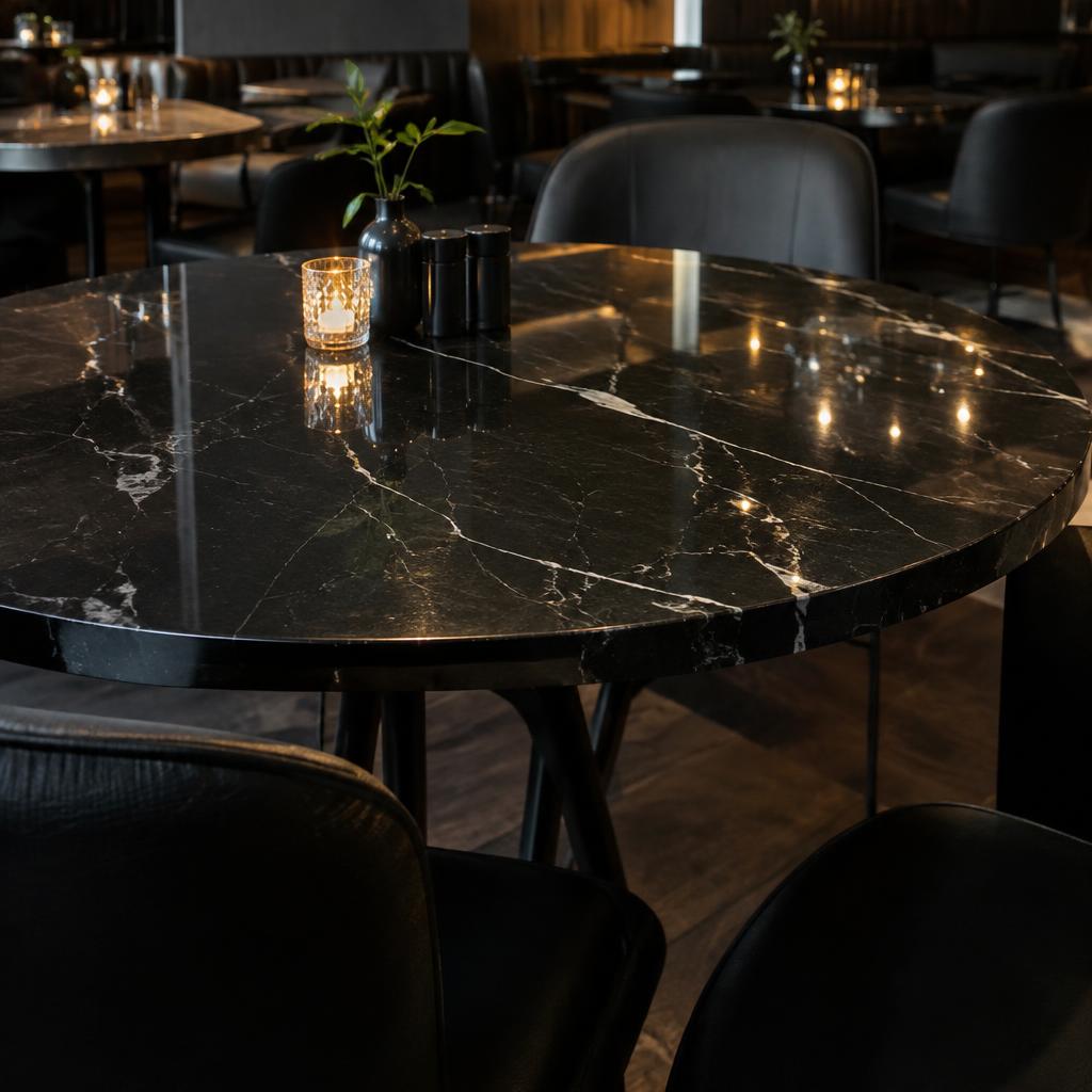Round black quartz table top with white veining in a restaurant