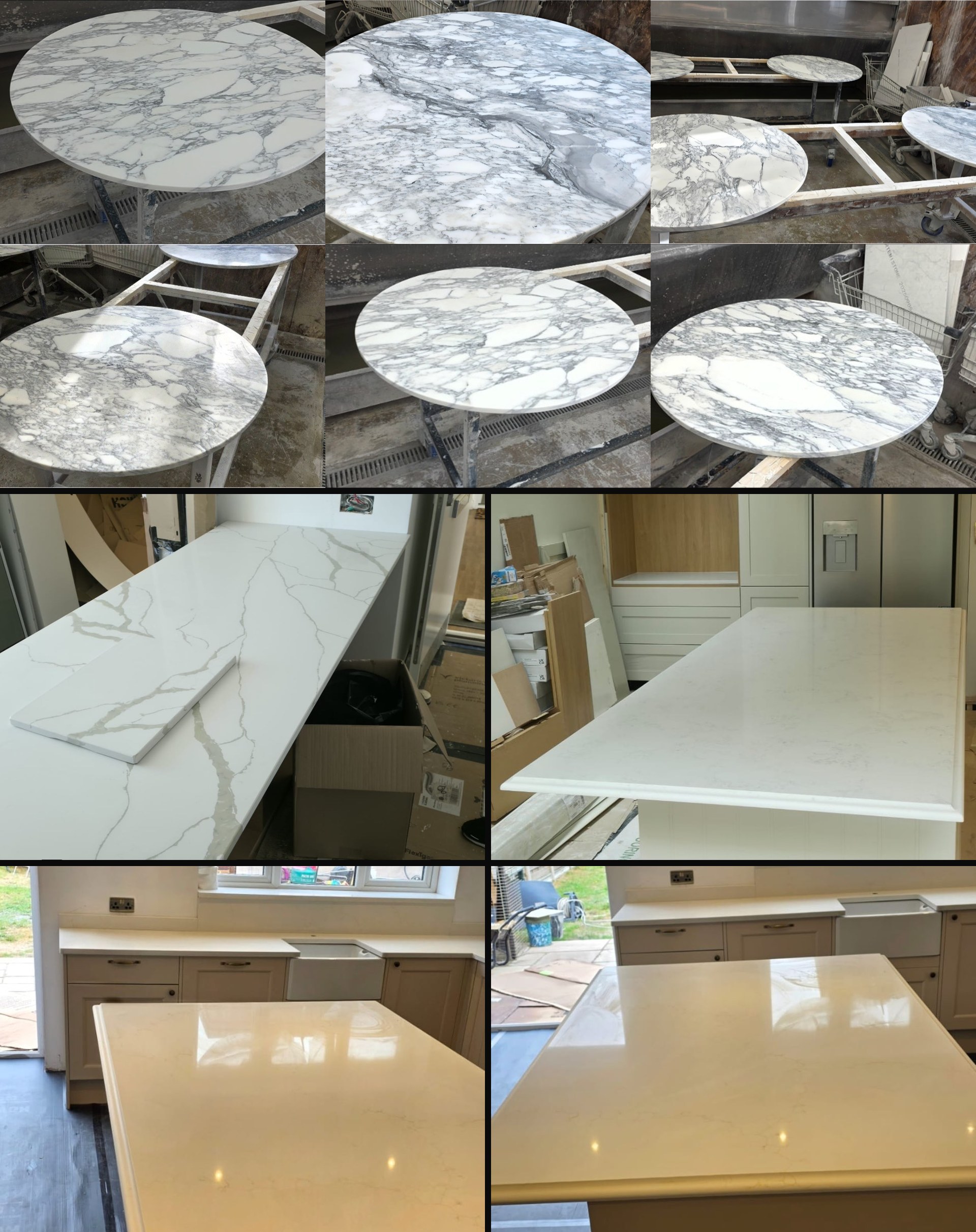 Round marble-look quartz table tops at every stage in the StoneX workshop, plus real StoneX kitchen installations fitted on site