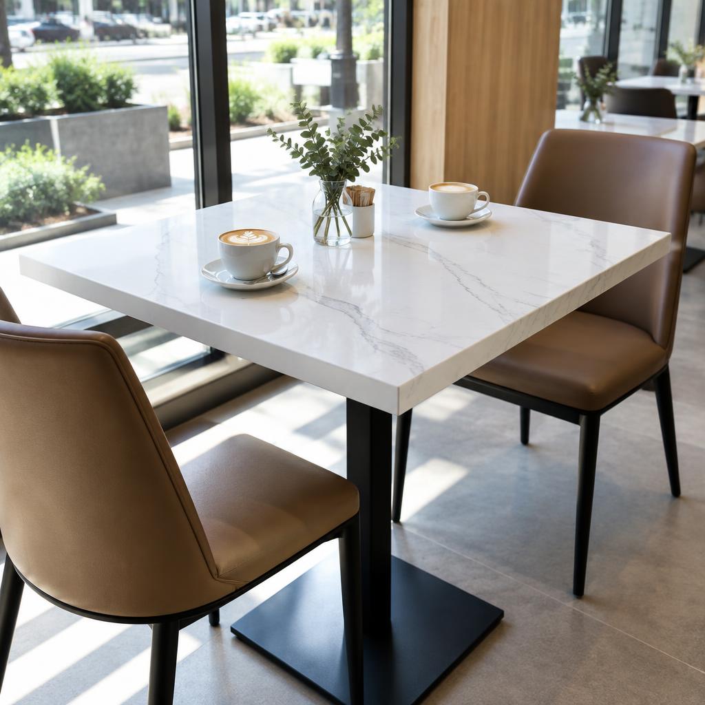 Square white quartz table top with grey veining in a cafe
