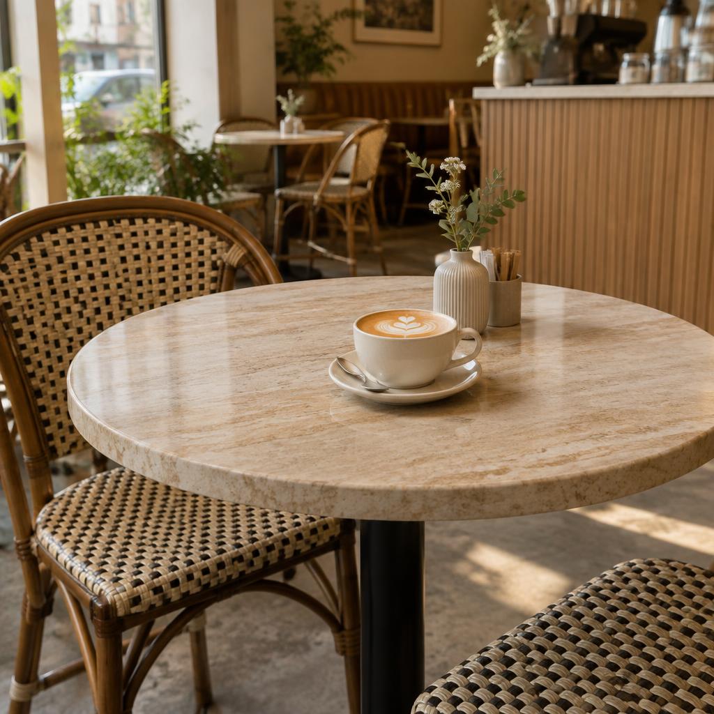 Round cafe table with a cream travertine-look quartz top